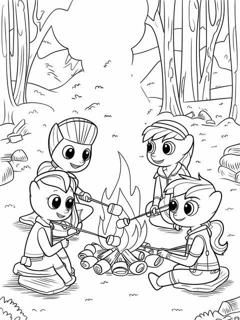 Rescue riders characters roasting marshmallows around a campfire in a forest