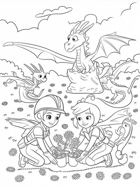 Rescue riders characters planting flowers with dragons in a coloring page