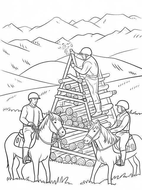Coloring page depicting rescue riders with horses and a wooden structure in the mountains