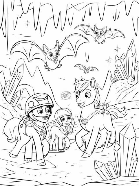 Rescue riders exploring a cave with bats and ponies, ready for an adventure