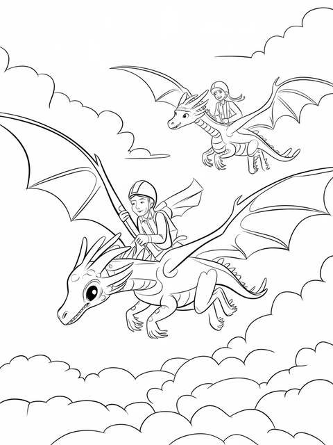 Coloring page of rescue riders: two dragons with riders soaring through clouds