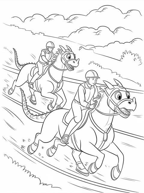 Rescue riders racing on dragon-like creatures, a coloring page ready for creativity
