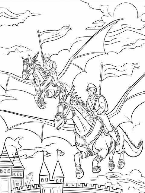 Rescue riders coloring page: knights riding winged horses with flags, flying over a castle