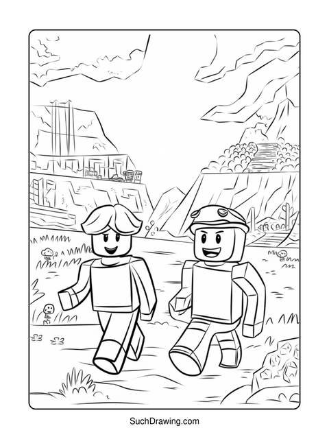 Line art of two blocky figures walking in a landscape