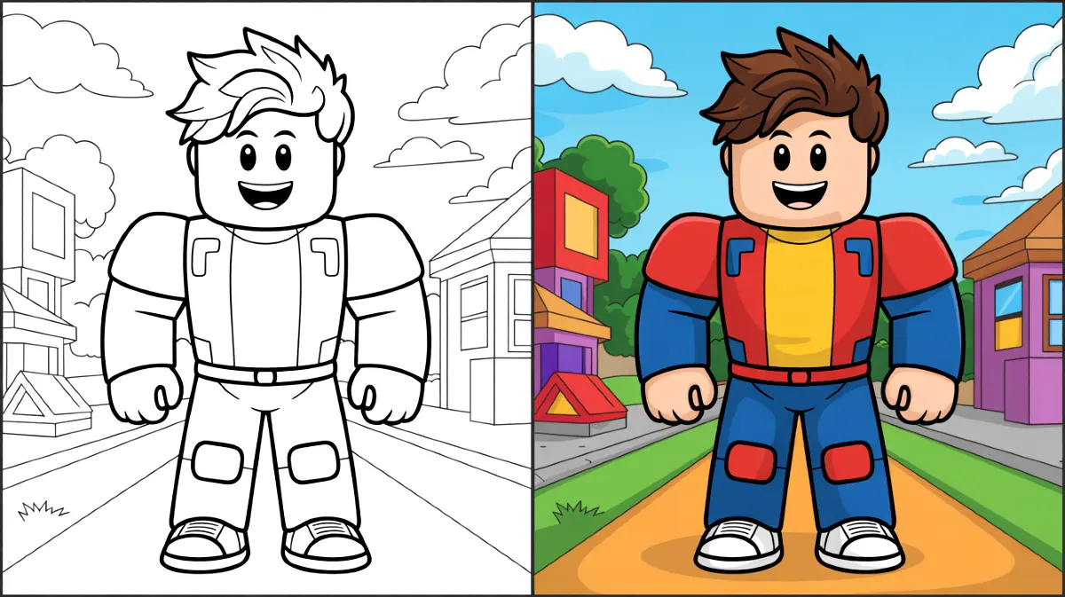 Roblox character standing in a street, a coloring page and a colored version