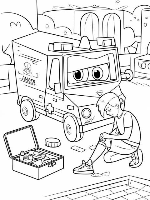 Robocar poli amber the yellow ambulance and a person treating a knee injury