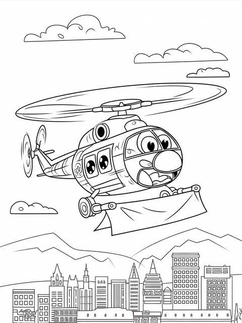 Robocar poli helly the helicopter flying over a city skyline, holding a banner