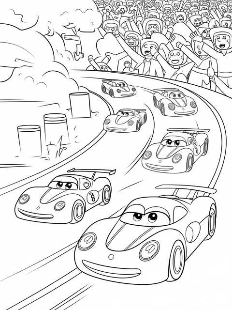 Robocar poli and friends racing on a track, cheered on by a crowd