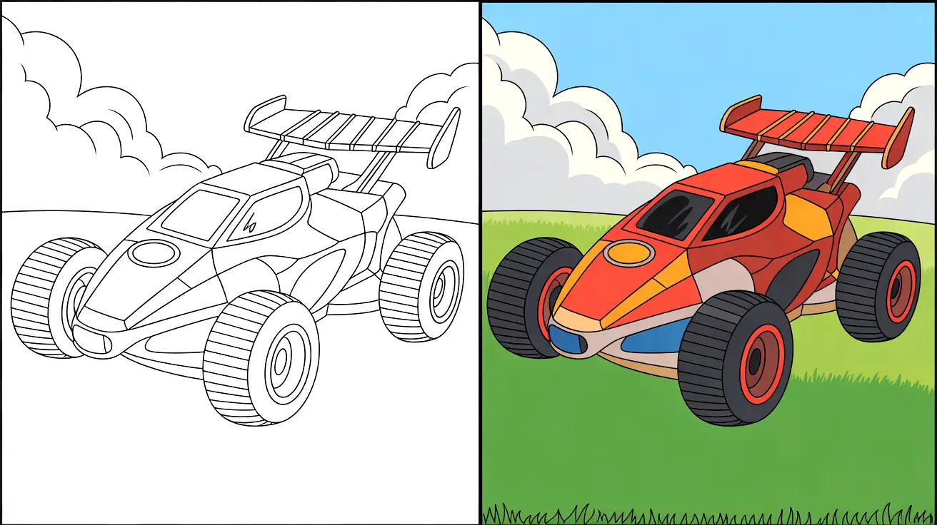 Rocket league coloring page featuring a red race car with large wheels
