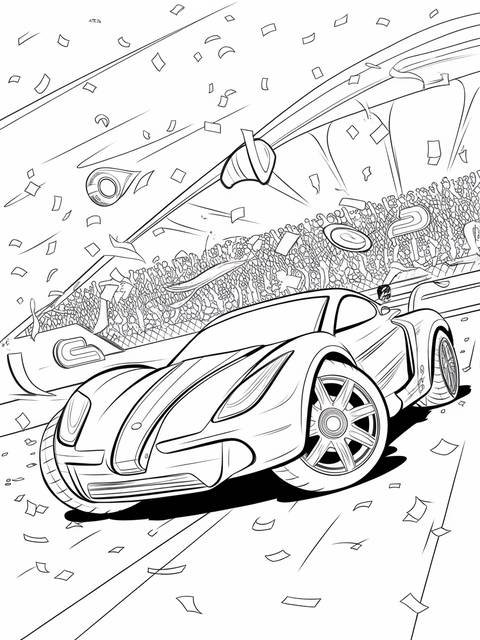 Rocket league car celebrating victory with confetti and a cheering crowd in the background
