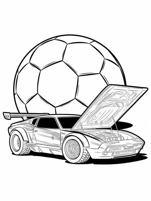 Rocket league car with open hood parked in front of a large soccer ball
