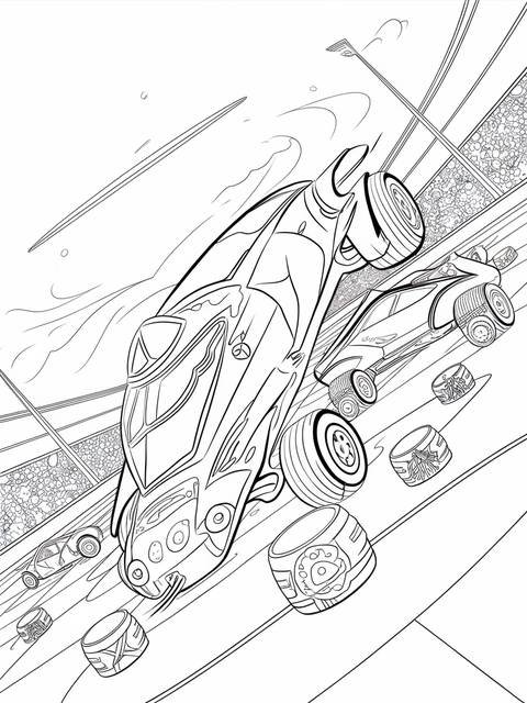 Rocket league cars drifting and boosting on a coloring page, ready for color