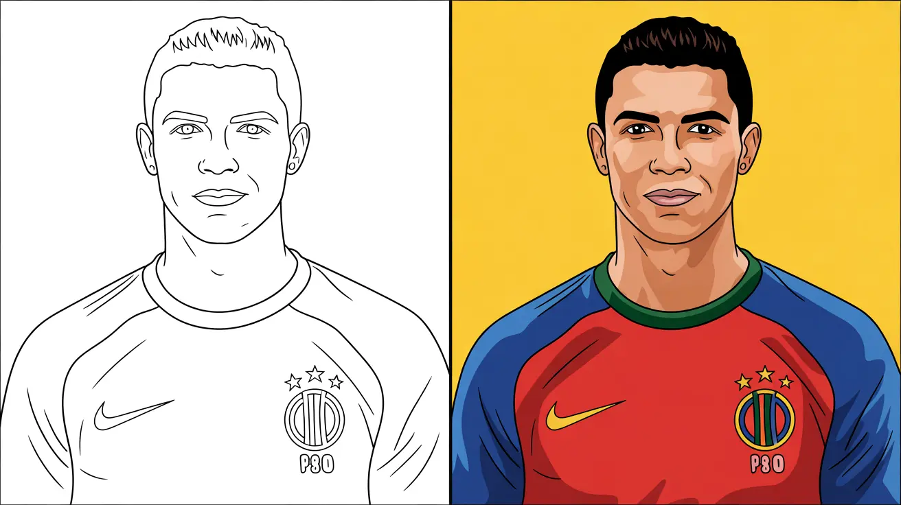 Coloring page and colored portrait of cristiano ronaldo, a famous soccer player