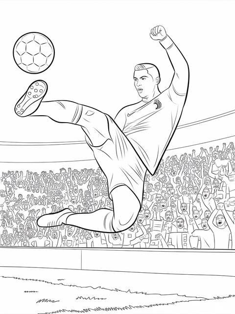 Line drawing of cristiano ronaldo executing a bicycle kick, with a soccer ball
