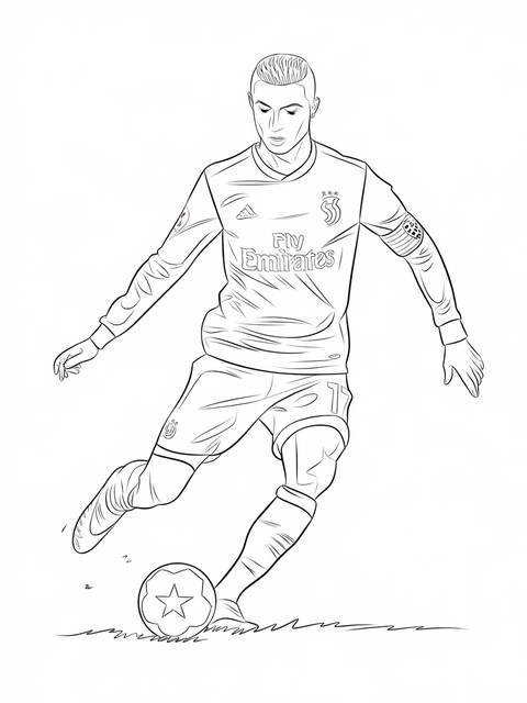 Line drawing of cristiano ronaldo in action, kicking a soccer ball on the field