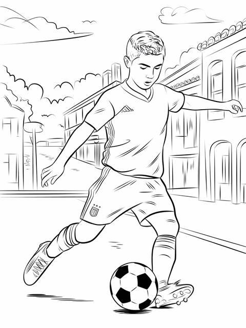 Coloring page of cristiano ronaldo kicking a soccer ball on a street