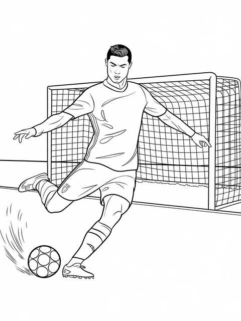 Line drawing of cristiano ronaldo striking a soccer ball towards the goal