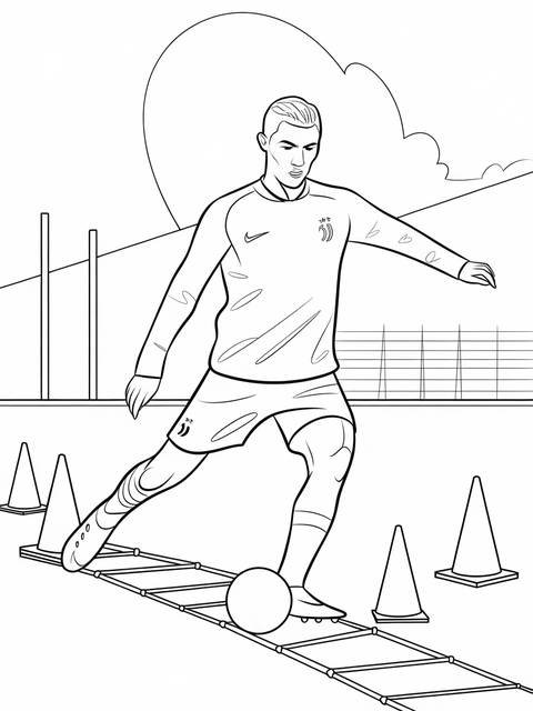 Line art of cristiano ronaldo training with a soccer ball and cones