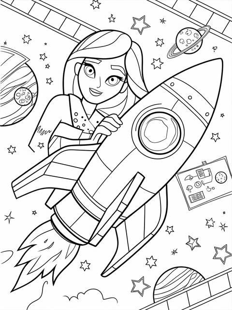 Rosalina constructing a rocket, surrounded by planets and stars, ready for space exploration