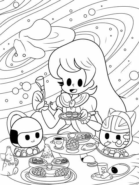 Rosalina hosting a cosmic tea party with friends, surrounded by celestial elements