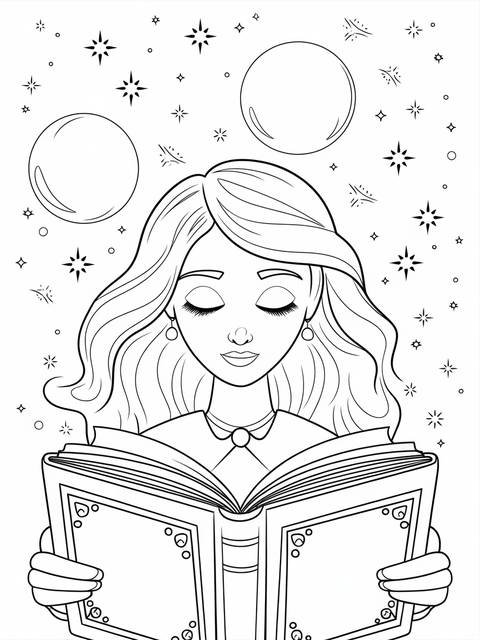 Rosalina reading a magical book, surrounded by stars and moons in a coloring page