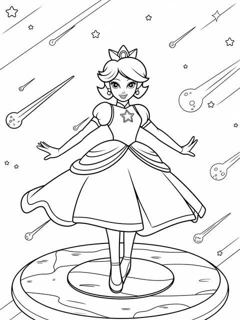 Line art of rosalina, the iconic character, with stars and shooting stars