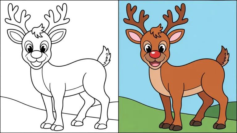 Coloring page of rudolph the red-nosed reindeer, a cartoon reindeer