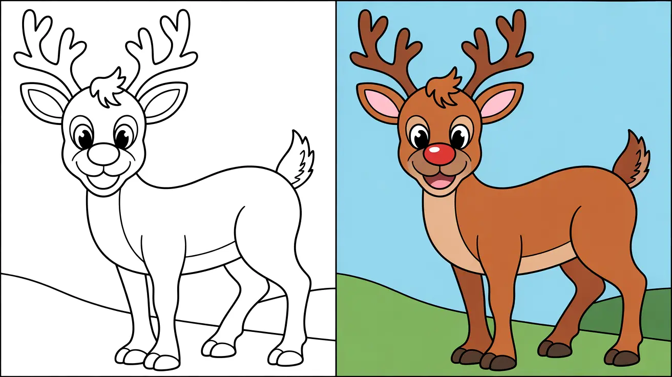 Coloring page of rudolph the red-nosed reindeer, a cartoon reindeer