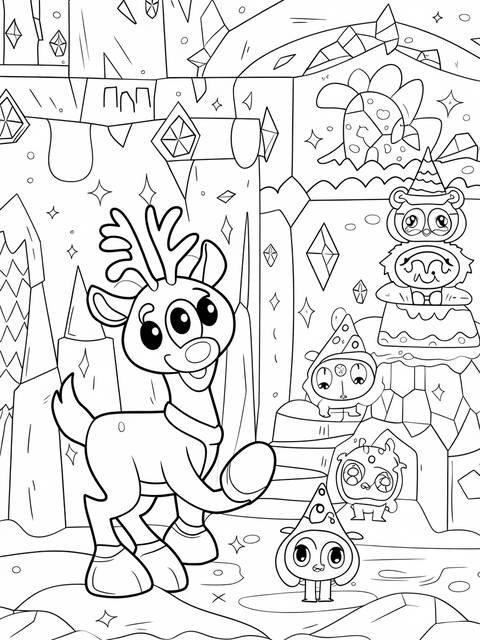 Rudolph the red-nosed reindeer coloring page with cartoon reindeer and festive characters