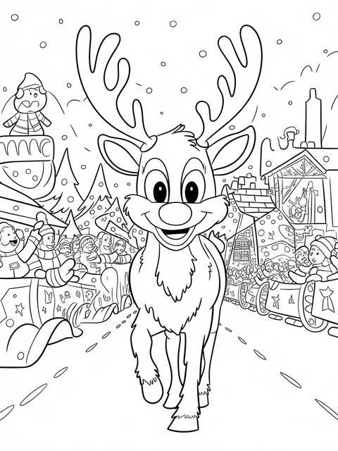 Rudolph the red-nosed reindeer coloring page, featuring rudolph and festive winter scene