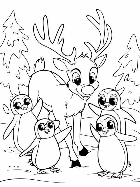 Rudolph the red nosed reindeer with penguins in a winter scene coloring page
