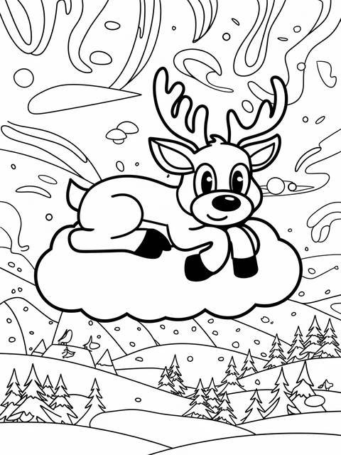 Rudolph the red-nosed reindeer coloring page: a reindeer resting on a cloud