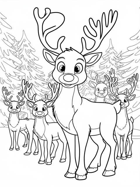 Rudolph the red-nosed reindeer and friends, a coloring page with a winter forest scene