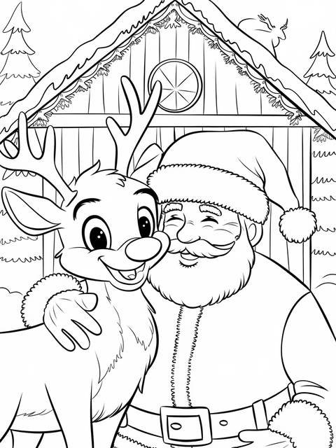 Rudolph the red-nosed reindeer and santa claus posing together in a coloring page