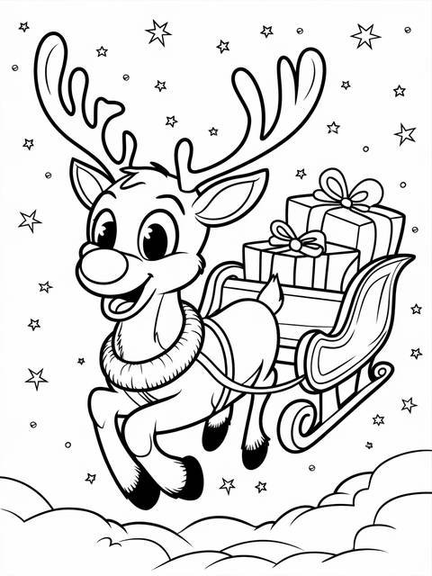 Rudolph the red-nosed reindeer, pulling a sleigh filled with christmas presents