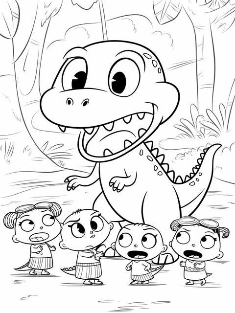 Rugrats reptar the dinosaur roaring with babies in a coloring page illustration