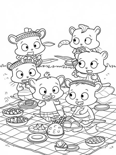 Black and white coloring page of the rugrats gang enjoying a picnic