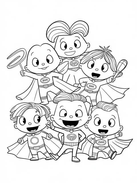 Rugrats tommy and friends dressed as superheroes, ready for adventure, a coloring page