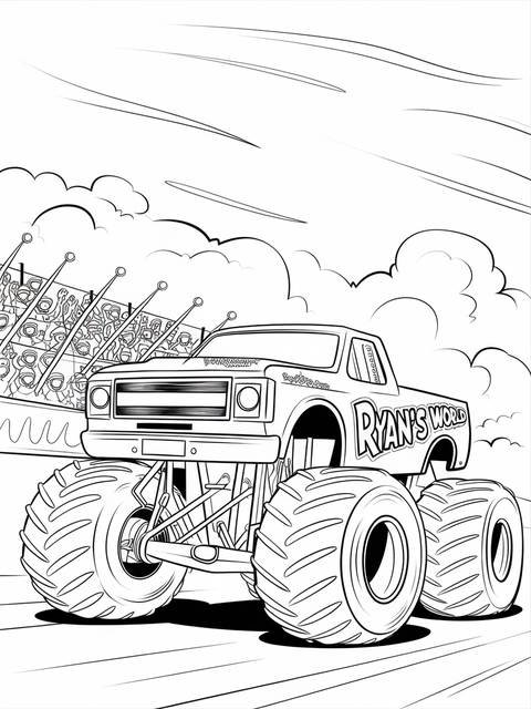 Black and white coloring page of a ryan's world monster truck with large tires