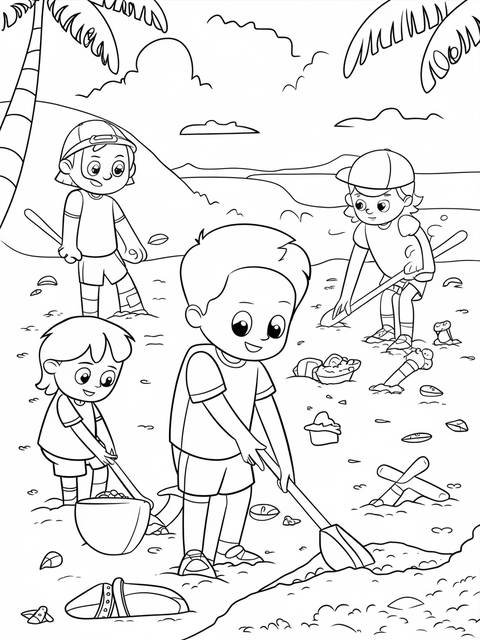 Black and white coloring page of ryan's world treasure hunt scene with kids