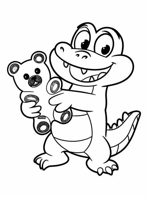 Coloring page of gus the gummy gator from ryan's world holding a teddy bear