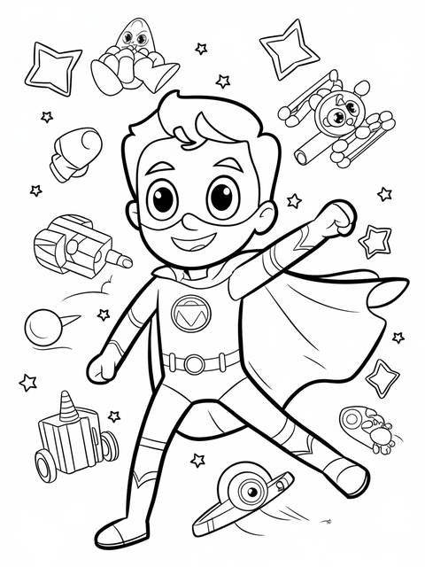 Ryan from ryan's world as a superhero, surrounded by toys and stars