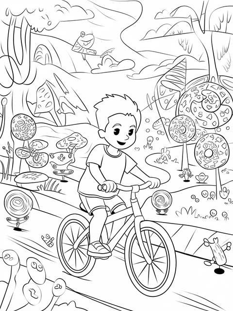 Ryan from ryan's world riding his bicycle through a whimsical, detailed coloring page