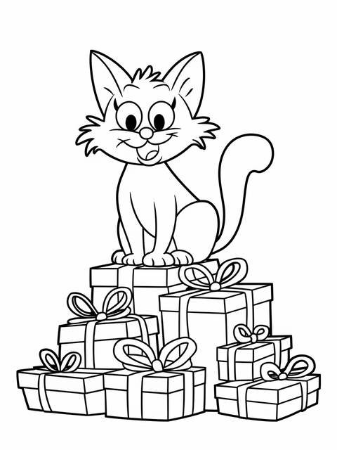 A cartoon cat, hooroo, sits atop a pile of wrapped presents