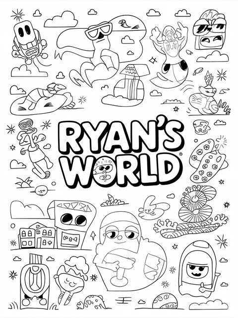 Black and white coloring page featuring the ryan's world logo and various characters