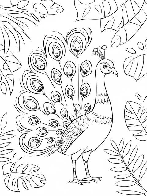 Line art of a peacock fanning its feathers, part of a safari-themed coloring page