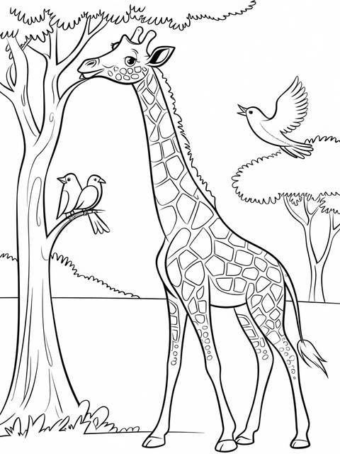 A cheerful giraffe in a safari scene, reaching for leaves, with birds nearby