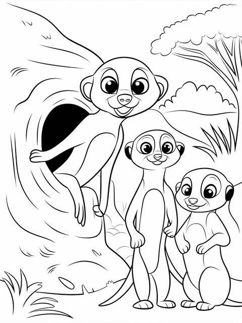 Safari coloring page featuring curious meerkats, one popping its head out