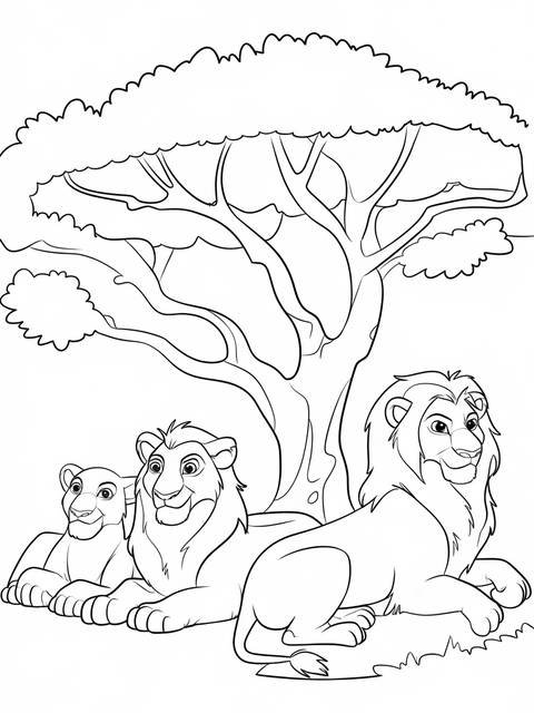 Safari coloring page: a family of lions lounging under a tree