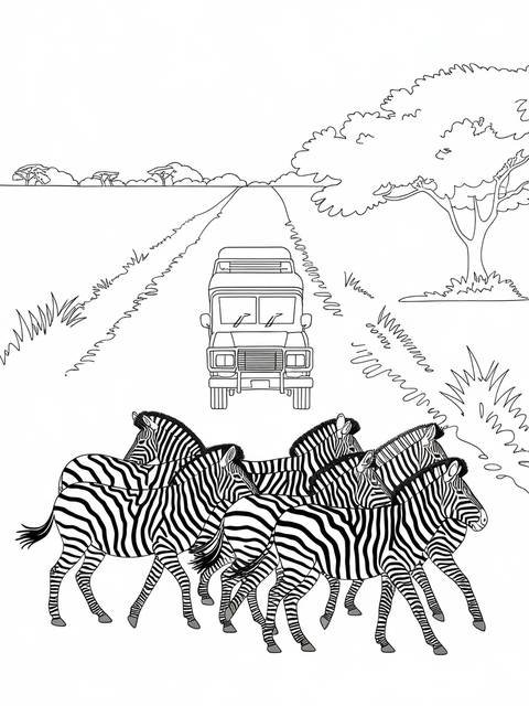 A group of zebras crossing a dirt road on a safari adventure, near a vehicle